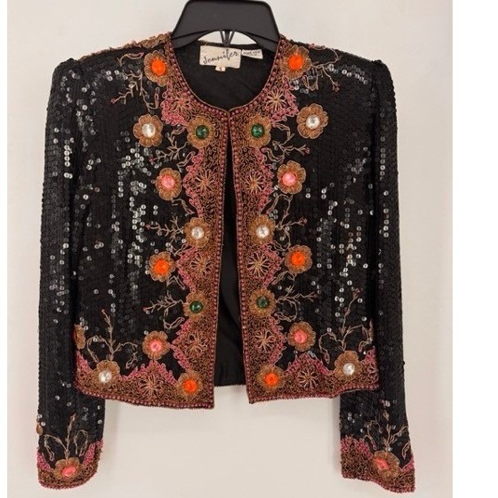 Vintage Jennifer Black Sequin Beaded Silk Bolero Jacket SMALL Embroidered S